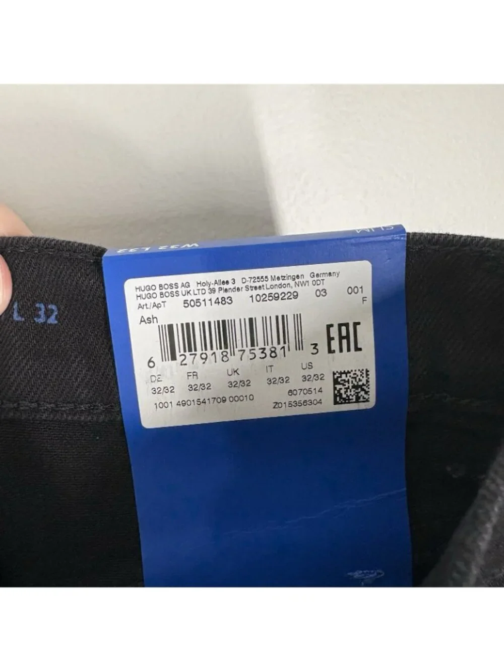 HUGO Boss Men Size W32xL32 Black Denim Ash Slim Fit Jeans NWT